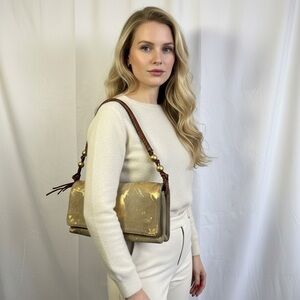 BARBARA Gold Metallic Suede Shoulder Bag With Leather Strap Women's